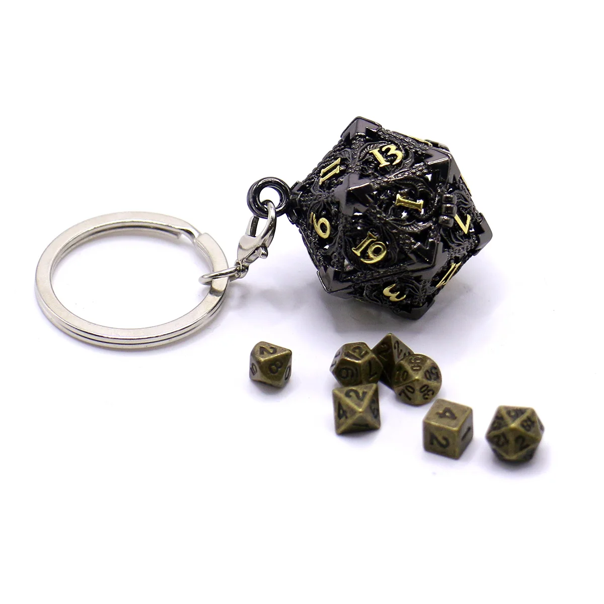 D20 Metal Hollow Box+7pcs Metal Dice Set, Portable Board Game Dice Mini Kit, Darkness Bloodstains Style Dice Pendant