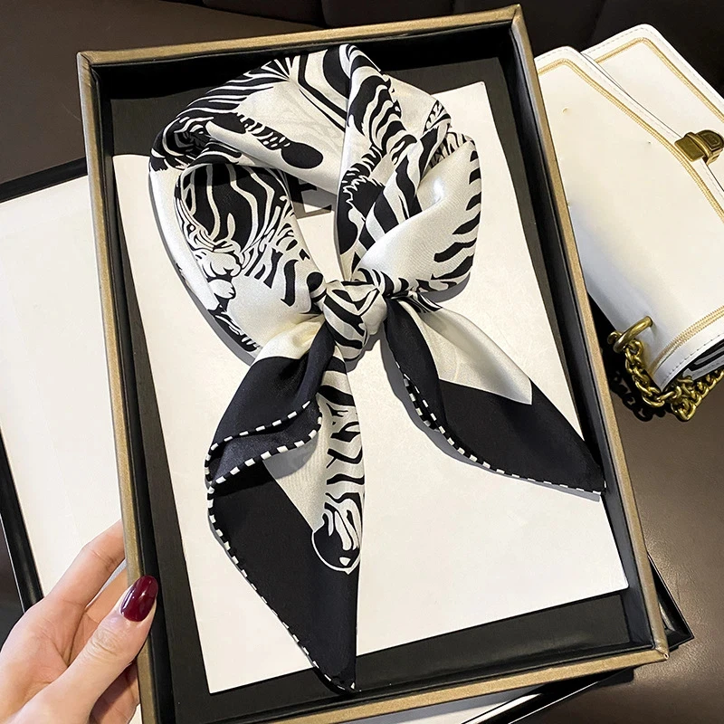 

Luxury Brand Zebra Print 100% Silk Scarf Women Black White Neckerchief Necktie Women Square Head Scarves Hijab for Hair Wrapping