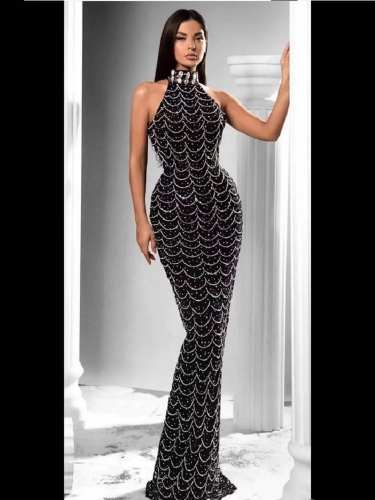 

New Stylish Women Diamonds Beads Dress Elegant Halterneck Sleeveless Maxi Dress