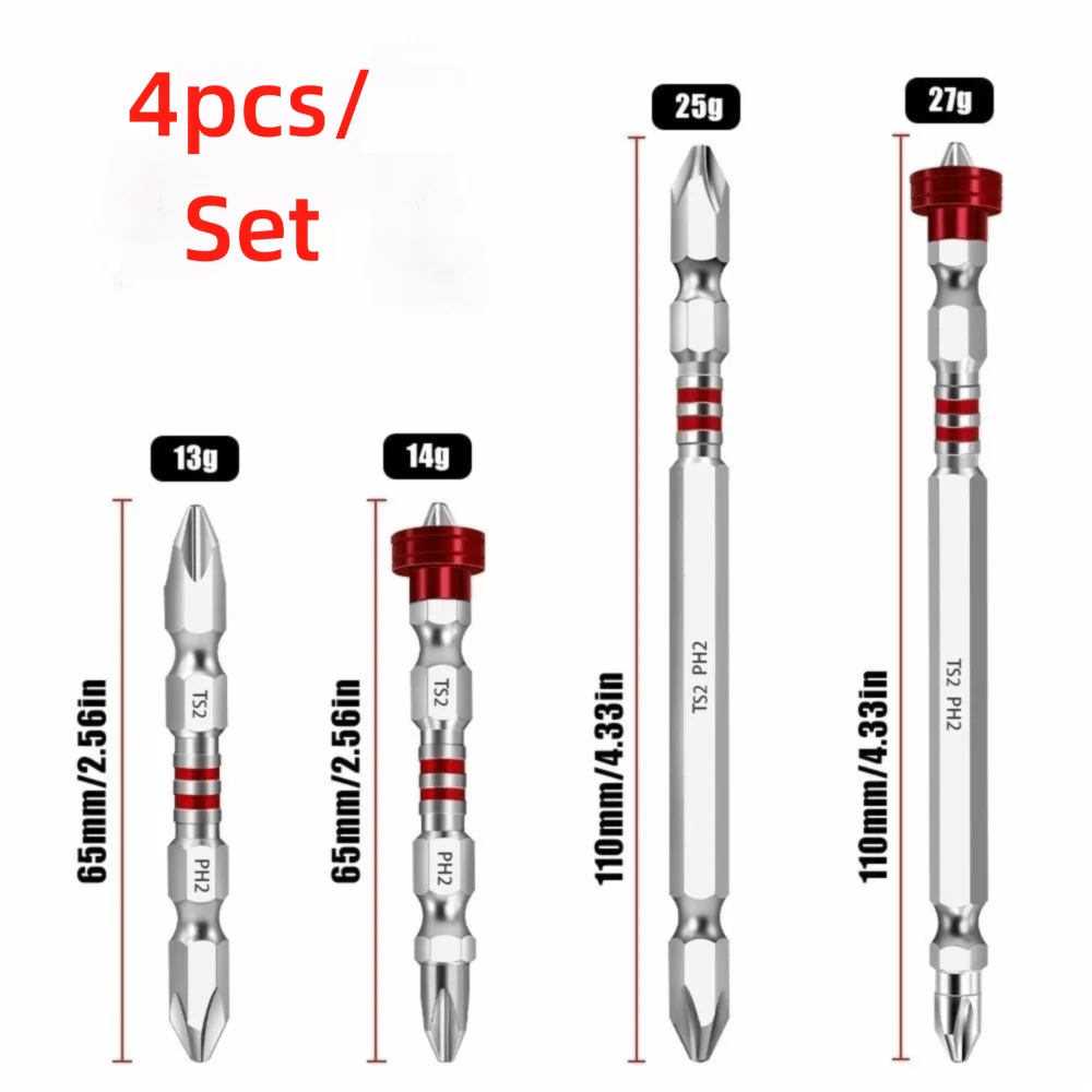 4pcs/Set S2 Steel Double Head Screwdriver Bit Impact Resistant 65-110mm Impact Screwdriver Bit High Hardness Electric Drill Bit