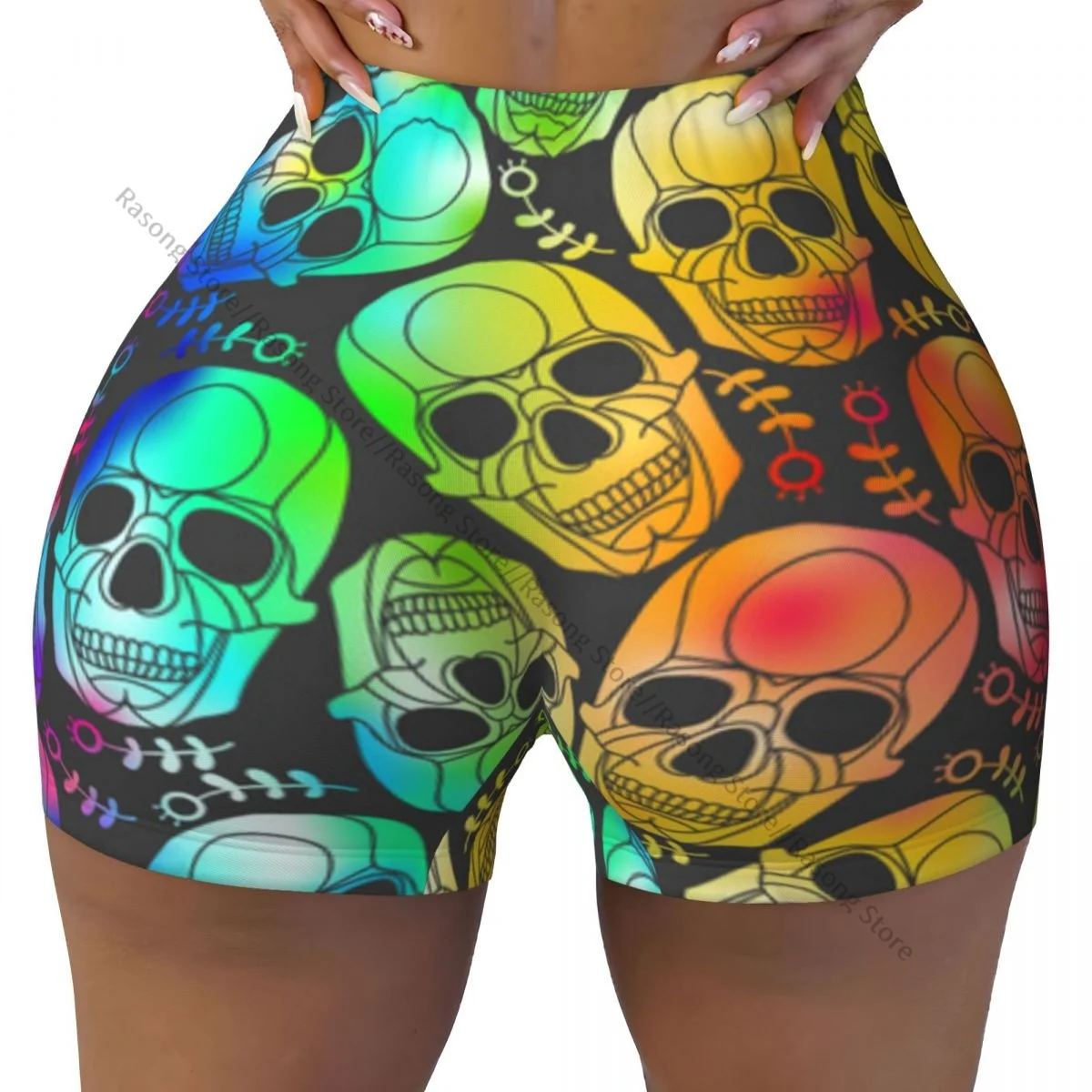 Women's Yoga Shorts Rainbow Flowers And Skull Scrunch Booty Butt Lifting Comfort Fitness Gym