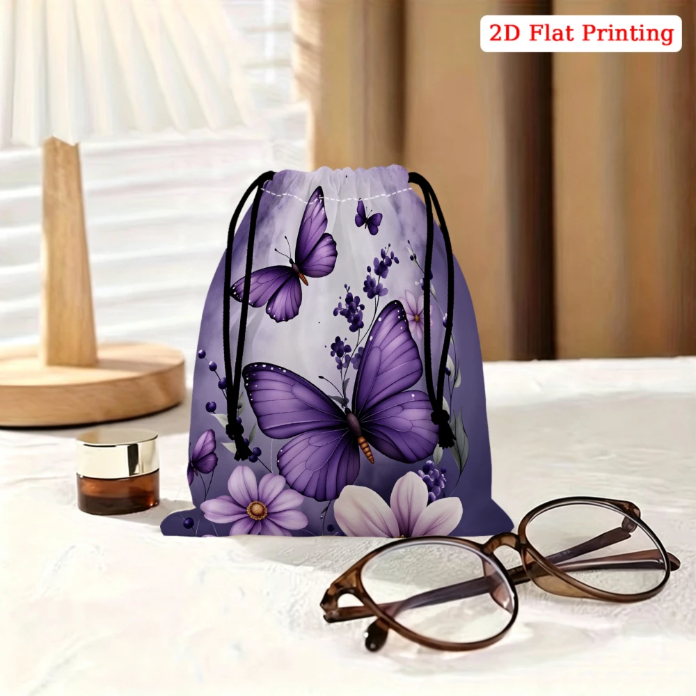 1pc Purple Butterfly Floral Print Drawstring Bag Storage Small Pouch For Glasses Cosmetics Jewelry Travel Organizer Portable