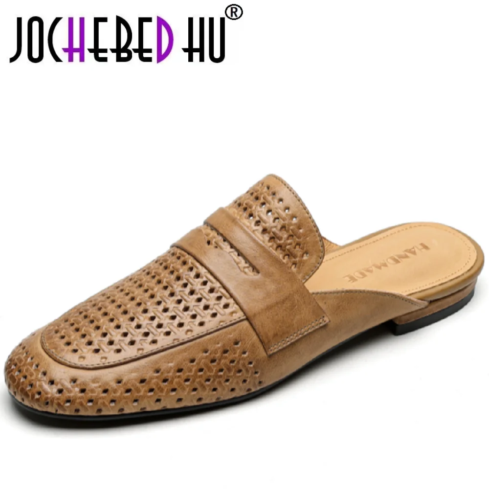 

【JOCHEBED HU】Женские сандалии ручной работы из натуральной кожи с круглым носком на плоской подошве, без шнуровки, дышащая мягкая повседневная обувь для отдыха, летняя размеры 33-40