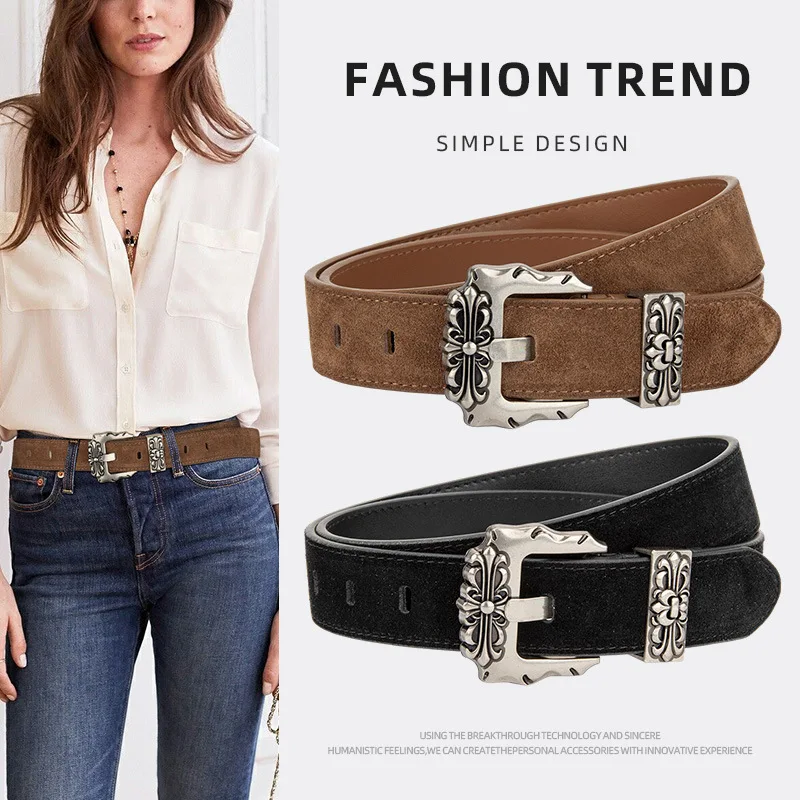 

Retro Genuine Leather Popular European American Belt Women's Carved Needle Buckle Waist Belt Casual with Jeans Women with Belt