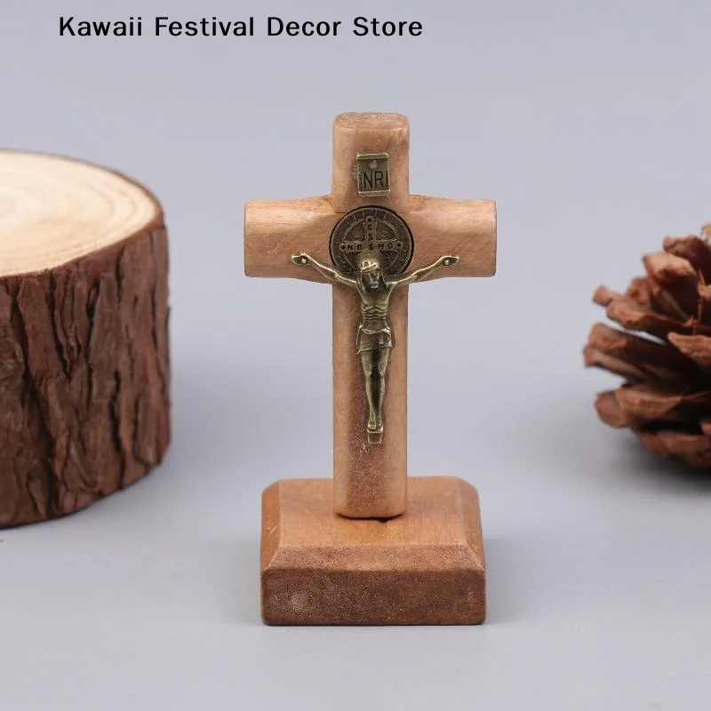 【K】 Wooden Standing Cross Small Home Decor Jesu Figurine For Party Housewarming Wedding Gift Bookshelf Cabinet Ornaments