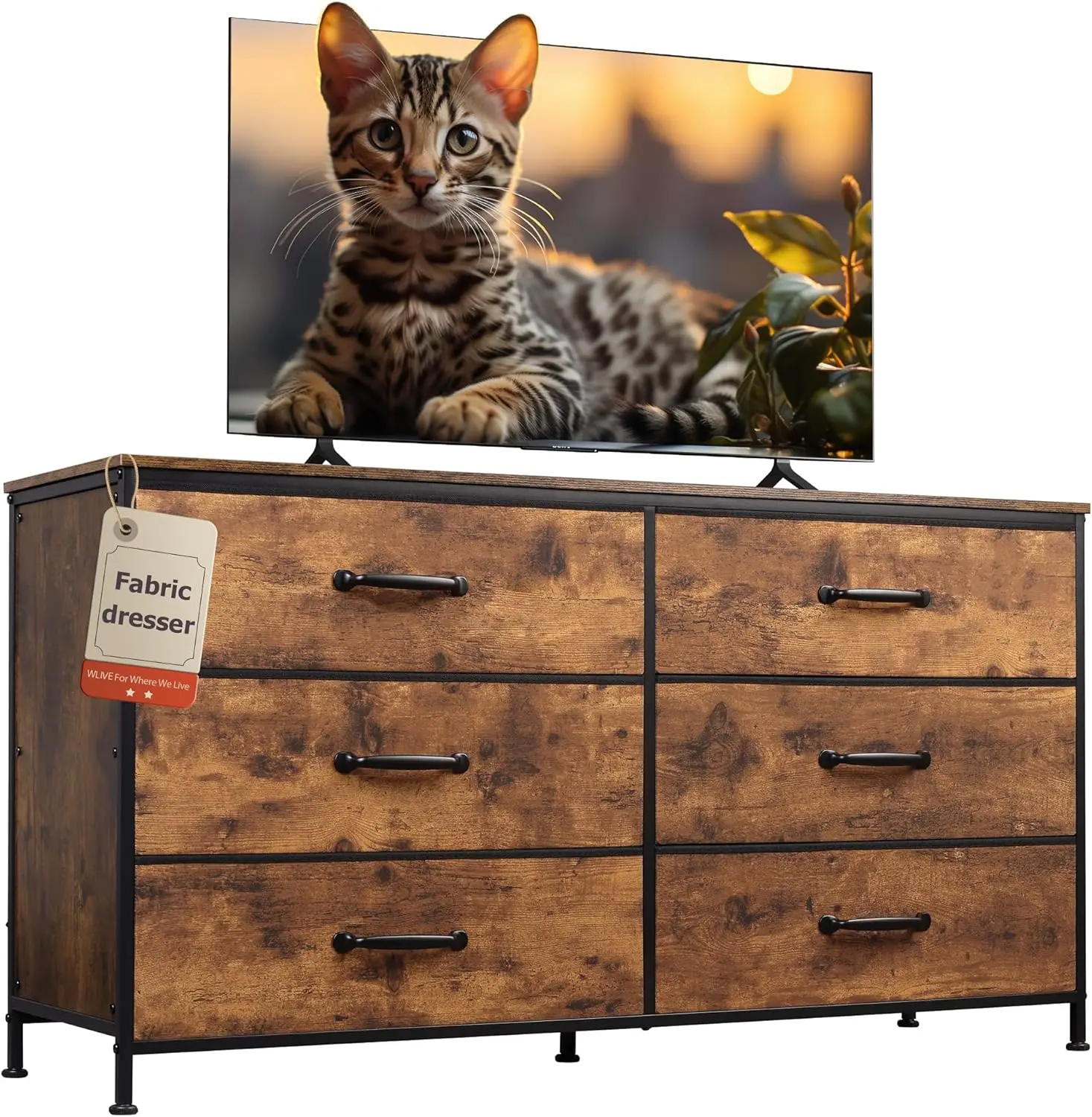 Wide Fabric Dresser, 6 Drawer Dresser TV Stand for 60