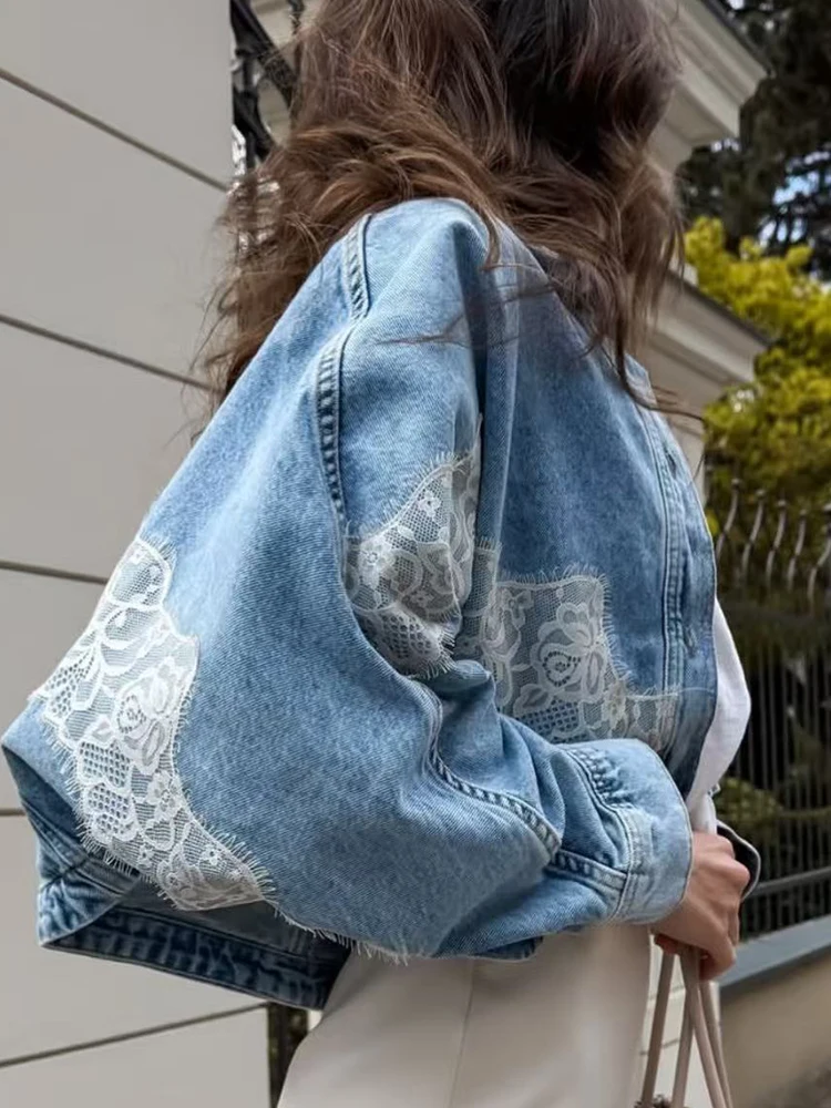 TFMLN 2026 Women's Lace Patchwork Cropped Denim Coat Lapel Long Sleeve Loose Fit Button Up Jacket Casual Lady Streetwear