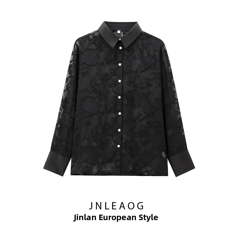 JNLEAOG Autumn New Women's Semi-Transparent Printed irt Flower Burning Print Polyester Fiber Long Sve Girls' irt