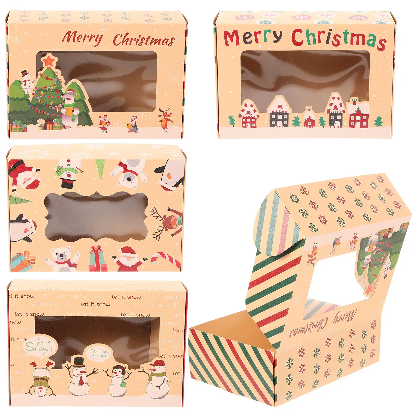 5Pcs Christmas Treat Boxes Paper Food Bakery Boxes Lightweight Sturdy Assembly Christmas Elements Decor for Wedding Birthday