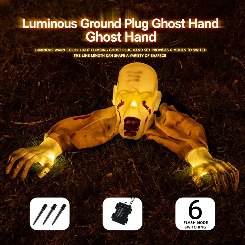 Creepy Halloween Ghost Horror Ornament Glowing Skeleton Ground Plug Hands Set Warm Light Street Lamp Decoration for Garden Path