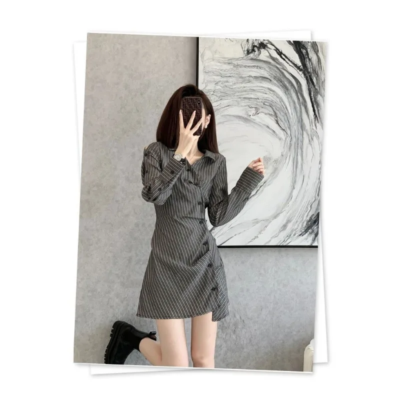 

Sexy Off-Shoulder Shirt Women's Clothing Lapel Contrast Color Fashion Casual Long Mini Dress