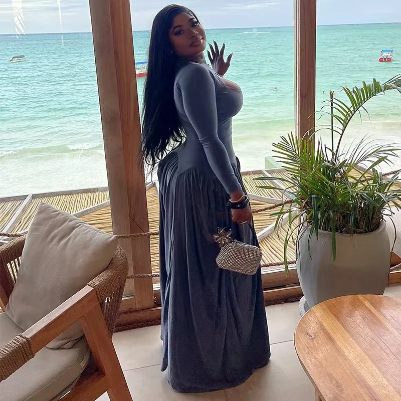 Faionable Sexy Hollow Long Sve Dr Slimming A-Line Skirt High Waist Polyester Fabric round Ne Zipper Ba Closure