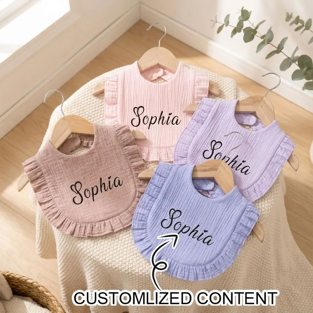 Custom Name Ruffled Muslin Baby Bib, Soft Cotton Feeding Apron, Adjustable Snap Closure, Personalized Newborn Baby Shower Gift