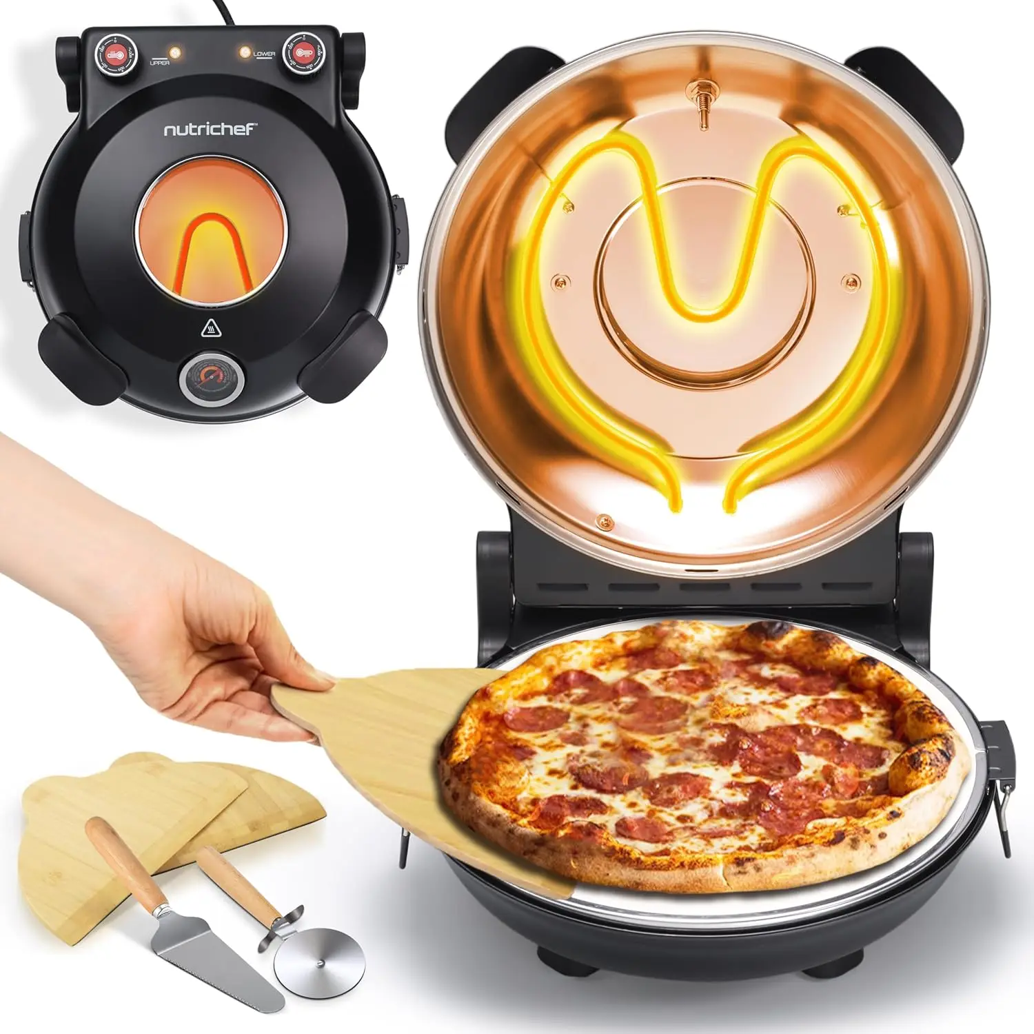 Electric Pizza Oven | 1200W Countertop Pizza Maker with Temperature Control & Thermometer | Viewing Window for Precise
