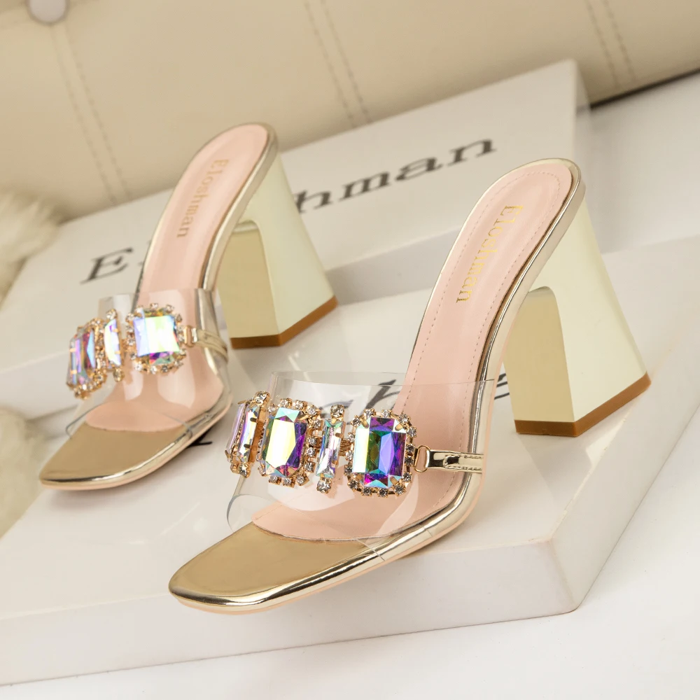 Sexy Party Slippers for Women Mules High Heels Fashion Metal Chain Design PVC Transparent Sandals Ladies Slide Shoes