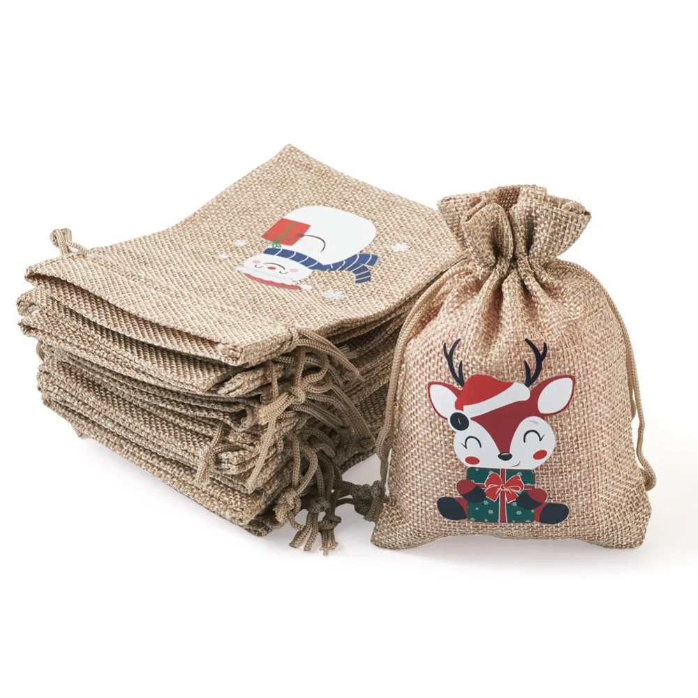 

30Pcs Jute Gift Bags Burlap Bag with Christmas Patterns Packing Drawstring Pouches for Favors Present Candy Jewelry Display Bags