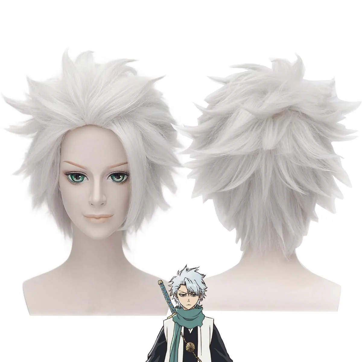 Peruka męska BLEACH Cosplay Hitsugaya Toushirou Krótka Srebrzysto-Biała Warstwowa