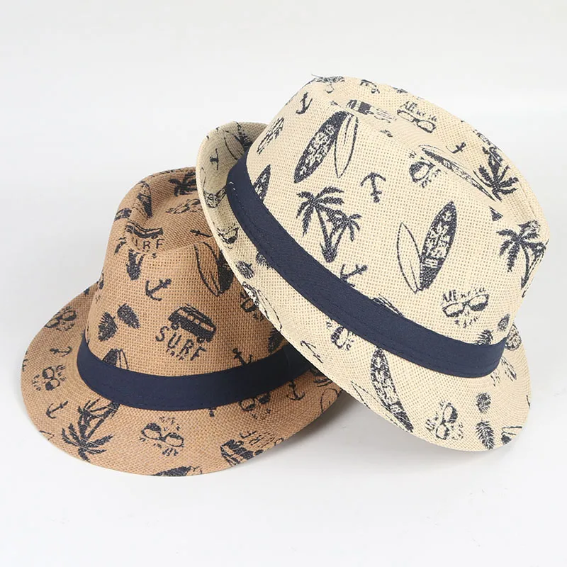 Summer Sun Hat Men 2024 Short Sleeve Fedora Hat Fashion Print Peper Kids Boys Beach Cap