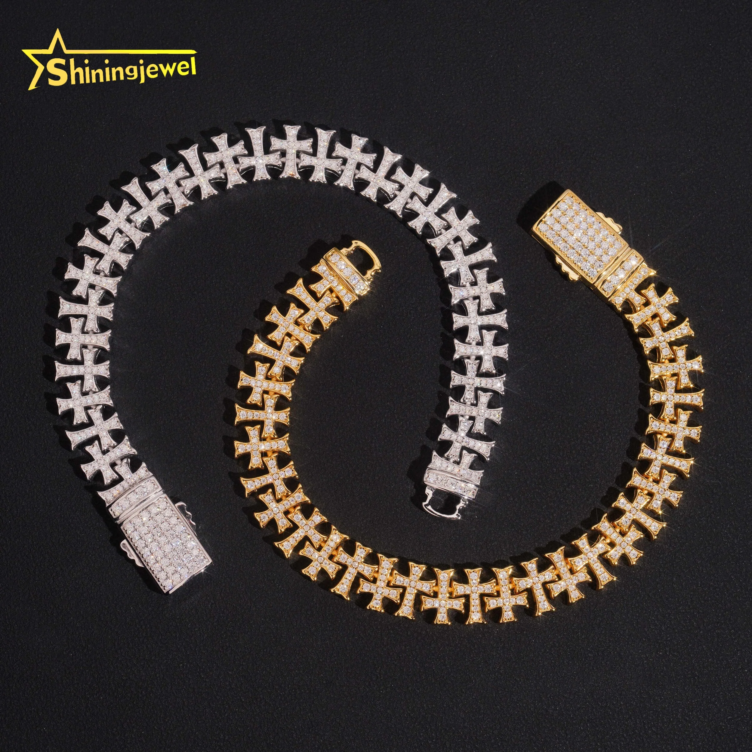 Pass Test Diamond Moissanite Iced Out Cross Bracelet 925 Sterling Silver Gold Plated Hip Hop Jewelry Cuban Men's Bracelet..