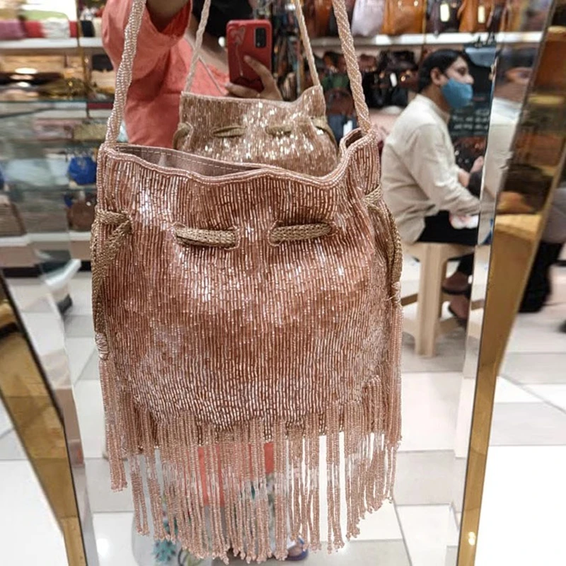 DOYUTIG Brand Women\'s Long Tassels Beaded Handbag Indian\'s Retro Handmade String Totes Lady Embroidery Bead Crossbody Bag N019