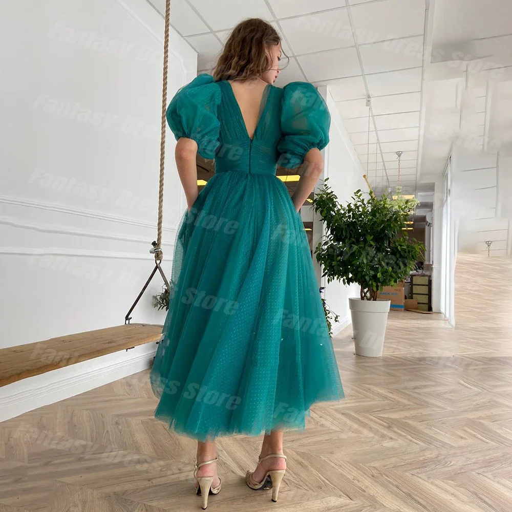 Elegante verde escuro Tulle V-Neck Prom Dresses, Manga curta, Linha A, Costas abertas, Vestido de noite formal, 2023