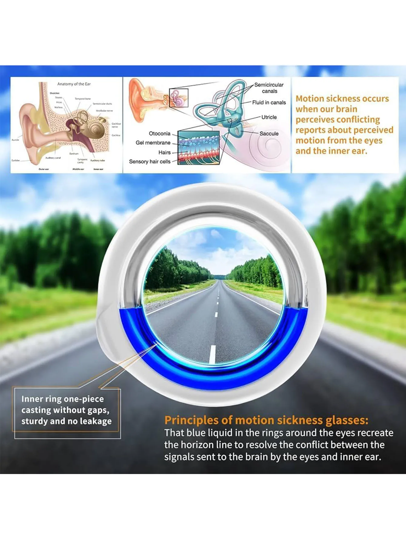 Motion Sickness Glasses with Storage Box, 360° Liquid Balance Anti-Nausea Travel Eyewear for Adults Kids Car Boat Plane Cruise image 3