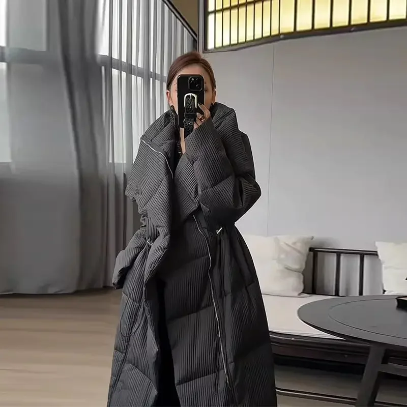 Winter Big Turn Down Collar Long Down Jacket Drawstring Striped Thick Knee Length Overcoat Warm White Duck Jacket Women JJ1071