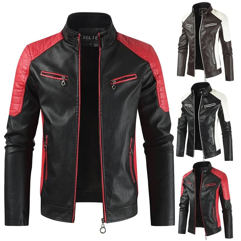 2023 New Winter Mens Leather Jacket Zipper Jacket Slim Motorcycle Windbreaker Stand Collar Mens Coats