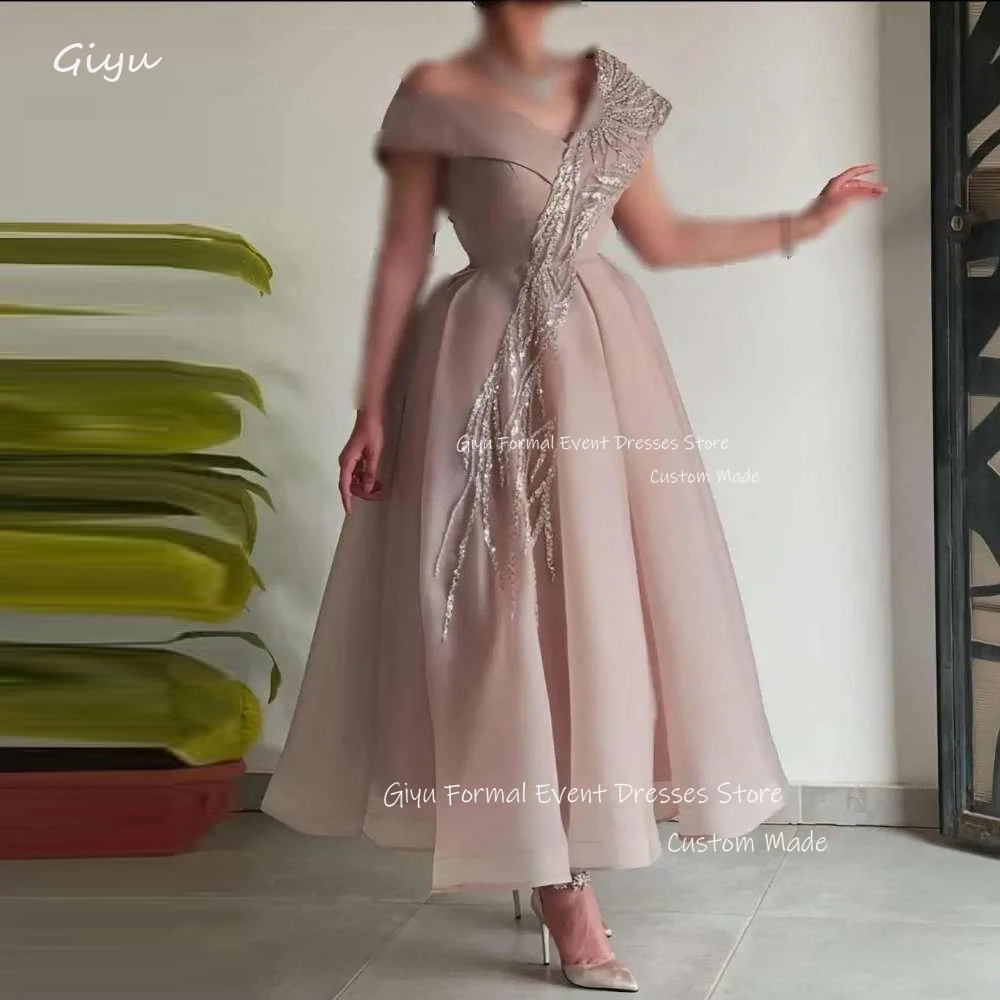 Giyu Glitter A Line Organza Dubai Arabic Women Evening Dresses Off Shoulder Ankle Length Formal Pary occasion Dress Vestidos