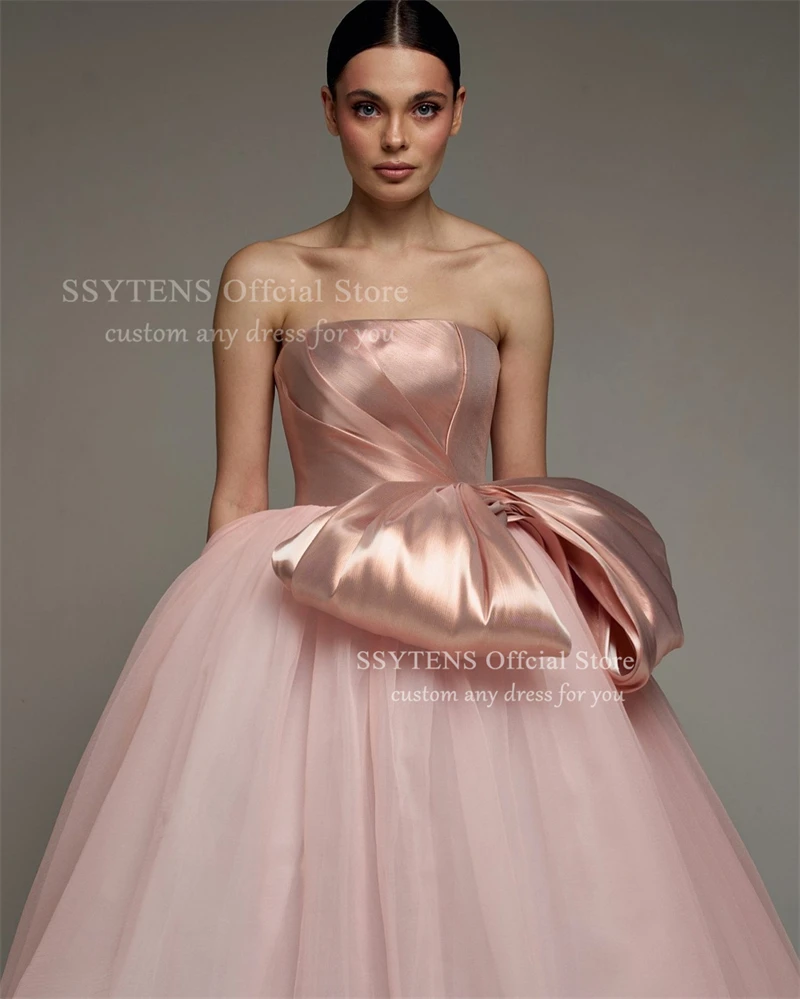 SSYTENS Pink Strapless Party Dresses Satin Bow A Line Prom Gown Ankle Length Birthday Evening Dress Vestidos De Festa Customized