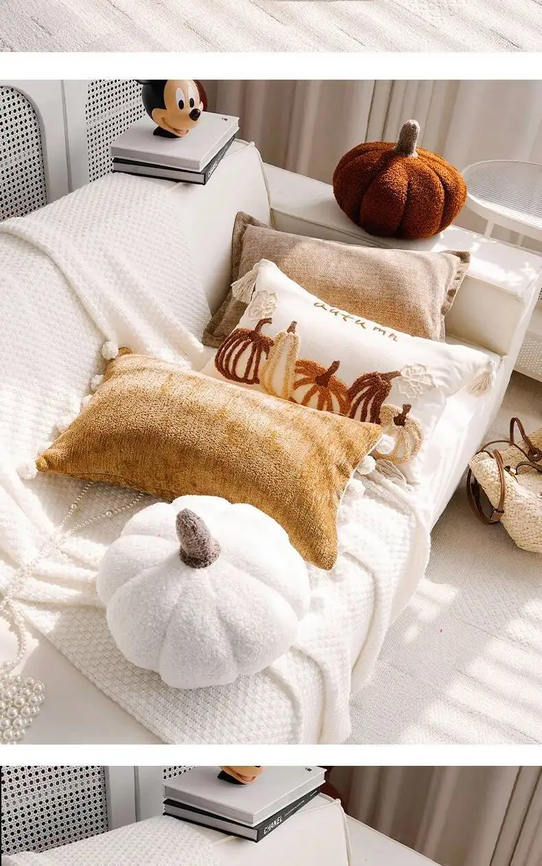 Niedliche Kürbis-Plüschkissenbezüge mit Pompons, weicher Samt-Chenille, dekorative Kissenhüllen für Sofa, Bett, Heimdekoration – Detail 7