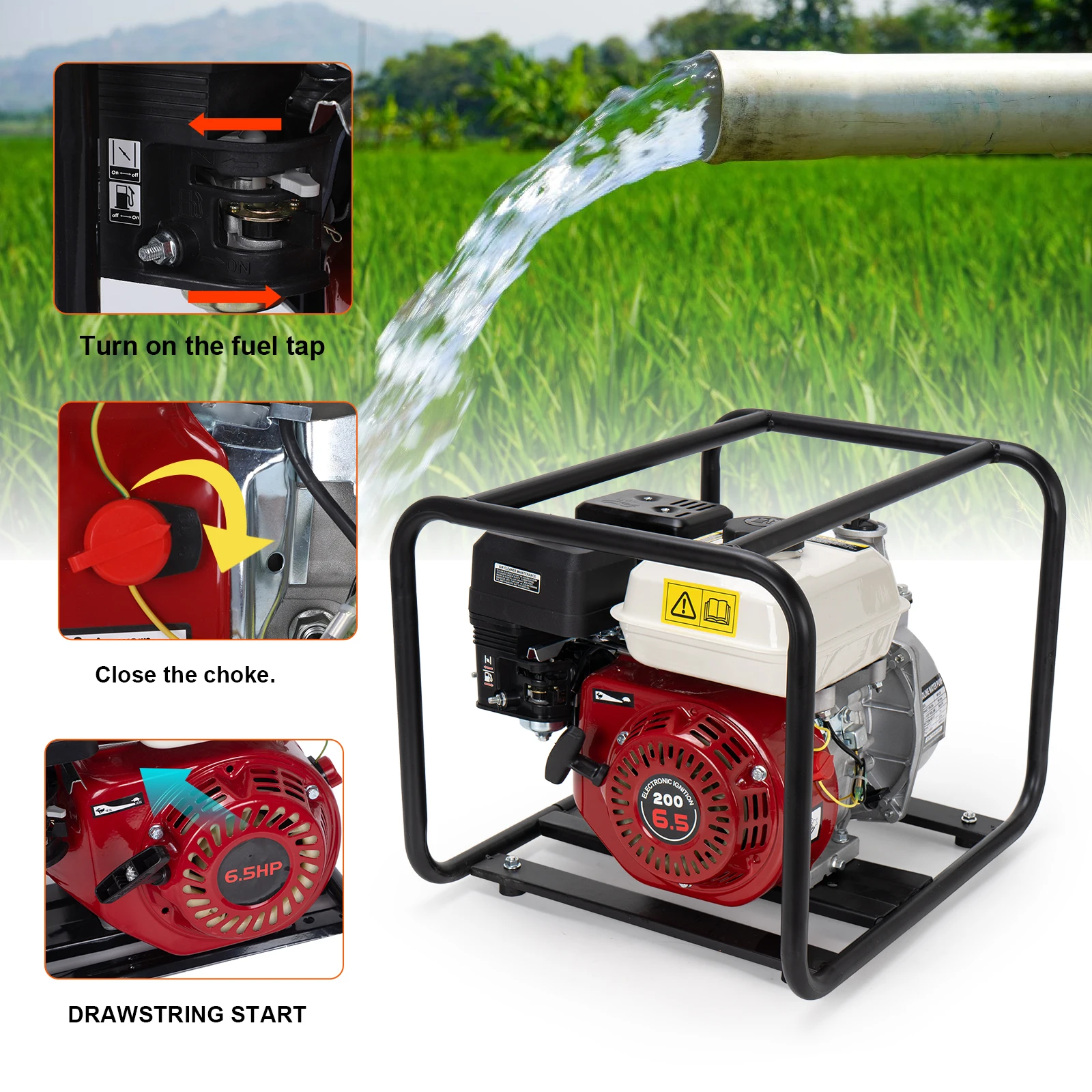 2 Inch 6.5HP 4-Stroke Gas Powered Semi-Trash Water Pump Cast Iron Drainage Transfer Pump