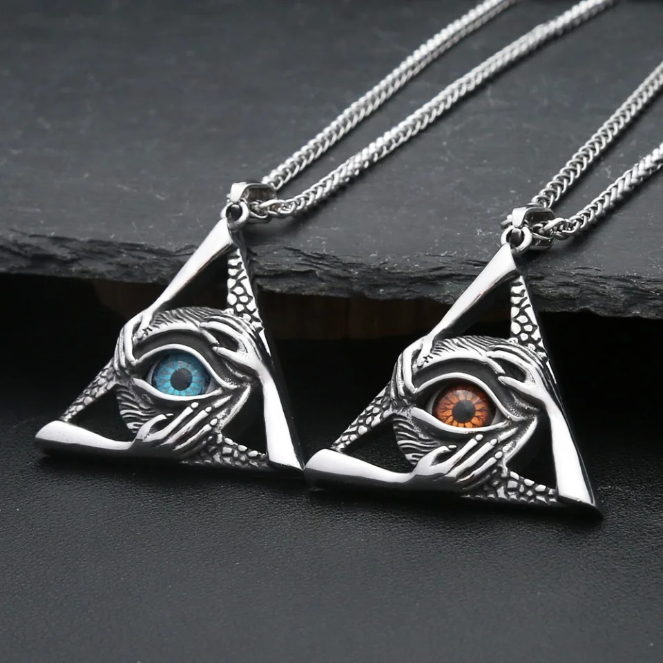 Gothic Vintage Evil Eye Pendant For Men Stainless Steel Punk Hip Hop Fashion Triangle Necklace Unique Amulet Jewelry Wholesale