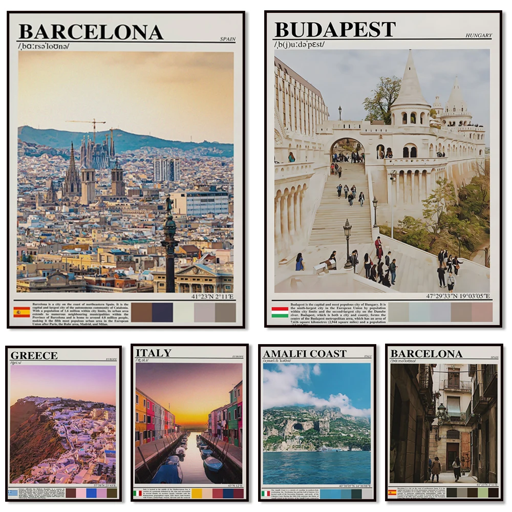 Spain Barcelona, Albania, beach, sailing, Amalfi Coast, Florence, Greece, Italy, Monaco, Budapest, European cities travel poster