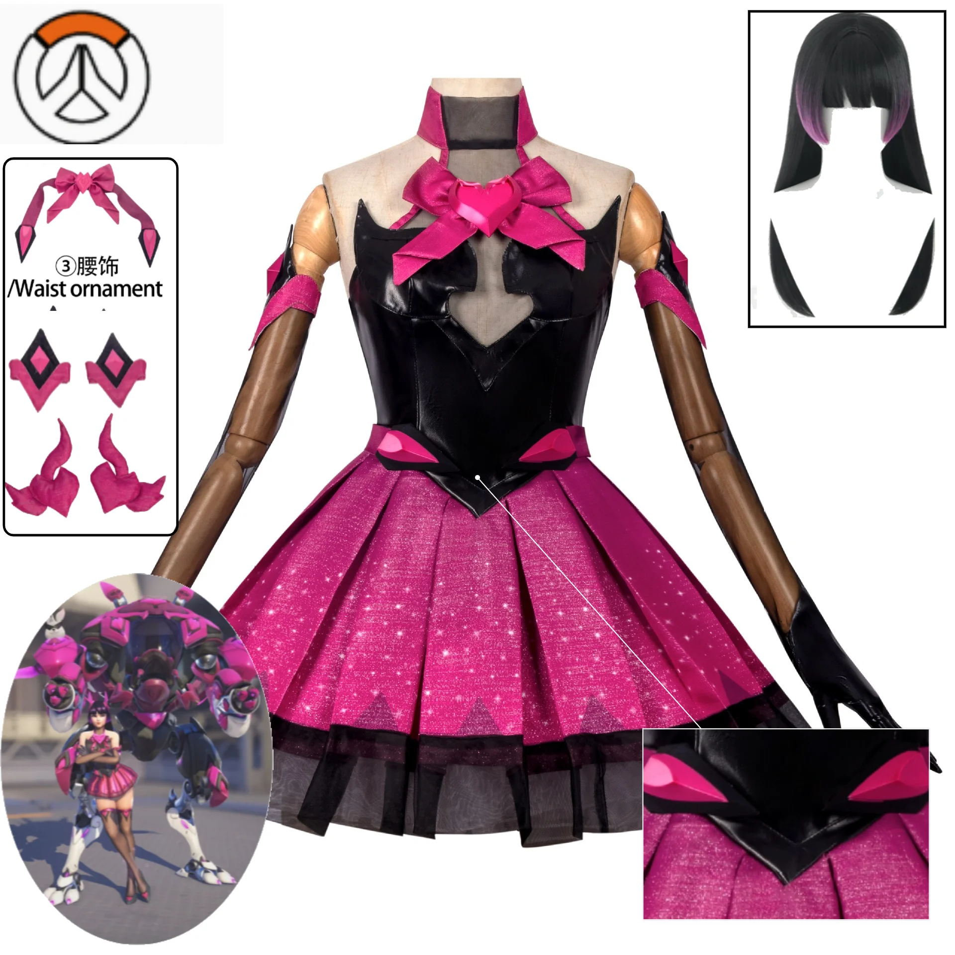 

OW D.Va Hana Song Cosplay Full Set Nocturna Dokiwatch Magical Girl Black Pink Skirt Suit for Women Game Convention Halloween