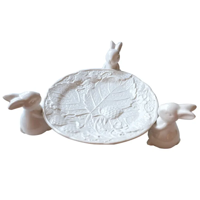 

Court style ceramic fruit tray exquisite relief rabbit high foot plate