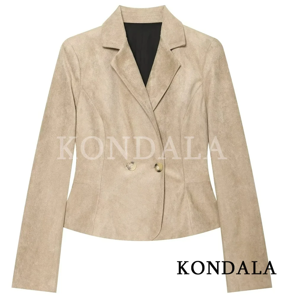 KONDALA Women Commute Double Breasted Suit Blazer Casual Faux Suede Slim Blazer New 2026 Fall Winter Trendy Elegant Retro Blazer