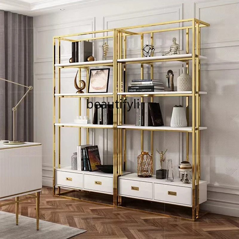 

Italian light luxury stainless steel bookshelf bookcase floor storage high-grade storage rack wrought iron multi-layer shelf