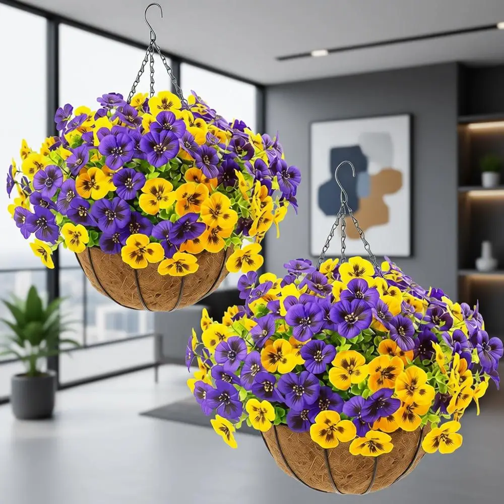

Artificial Hanging Baskets with 24 UV-Resistant Silk Pansies for Outdoor Garden Spring/Summer Decor (Yellow, Purple)