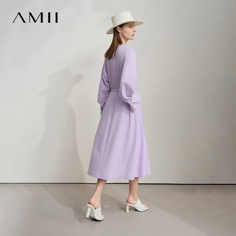 Amii Abito da donna minimalista con scollo a V 2025 Autunno Nuova manica a bocciolo con cintura Tinta unita Casual Elegante abito a forma di A 12541108