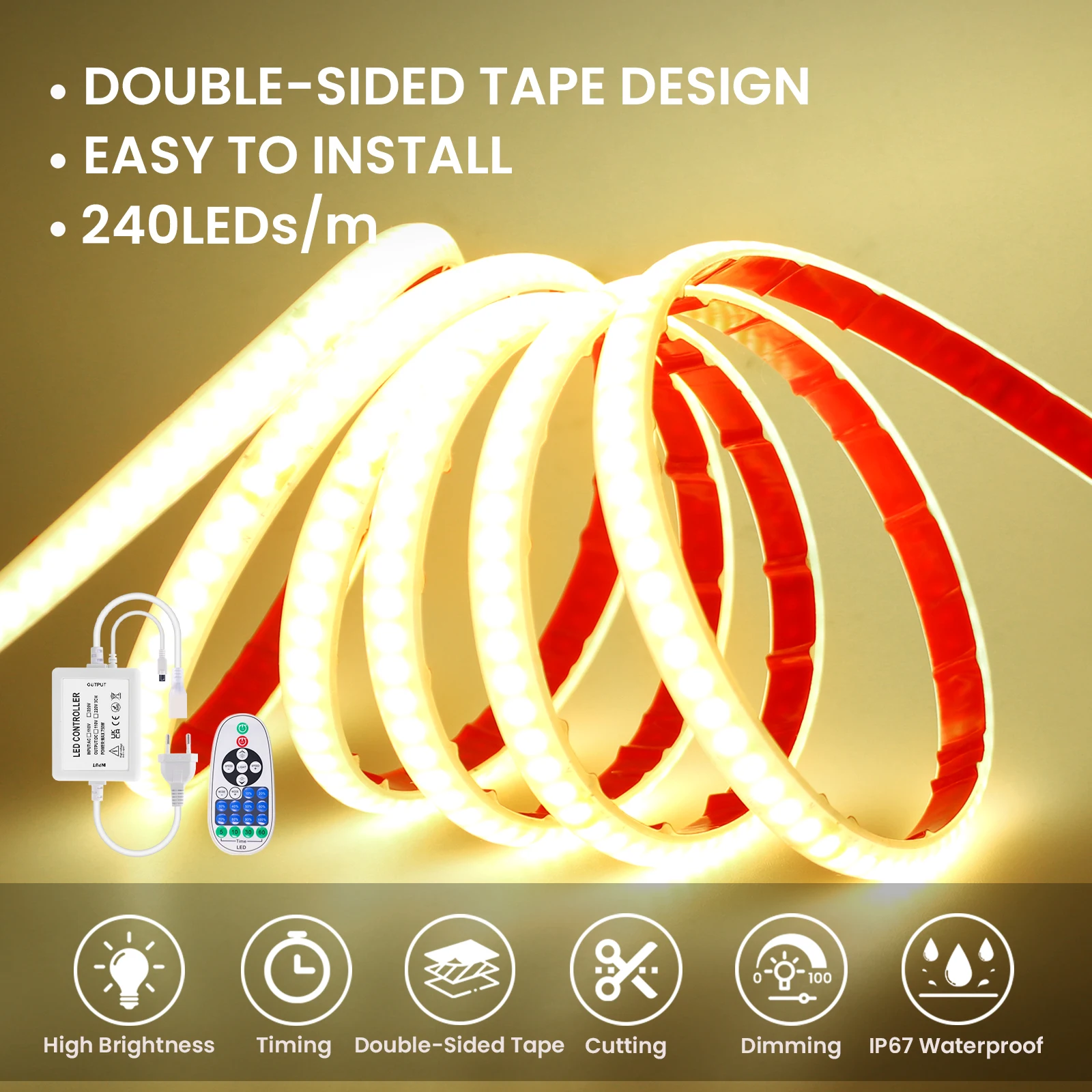 Dimmable 220V 23Key IR Control COB LED Strip Light With EU UK AU Plug Warm Natural White Flex Tape Waterproof 240LEDs/m 0.5m 25m