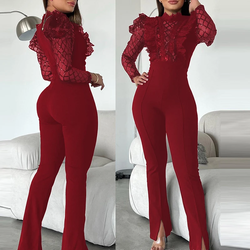 Women High Waist Turtleneck Romper Commuter Lady Lace-Mesh Stitching Combination Sexy See-through Sequins Lattice Slim Jumpsuit