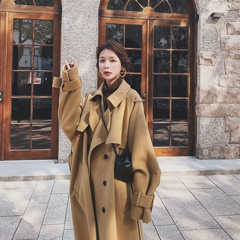 Double-Sided Velvet Woolen Coat Women's Fashion Slimming Outerwear Hepburn Style Long Sleeve V-Neck Commute Style Pure Color