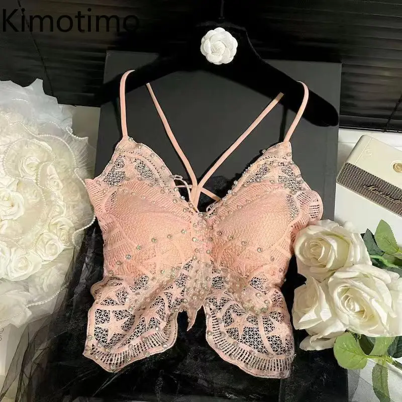 

Kimotimo New Diamonds Lace Butterfly Tank Top Women Sexy Backless Slim Fit Chic Y2k Tops 2025 Fashion Versatile Party Camis Vest