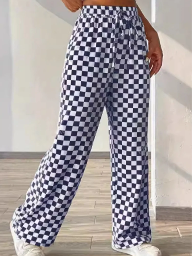Checkered Printed Pants Lace Up Women\'s Casual Pants Fashionable High Street Versatile Daily Autumn Wide Leg Pants