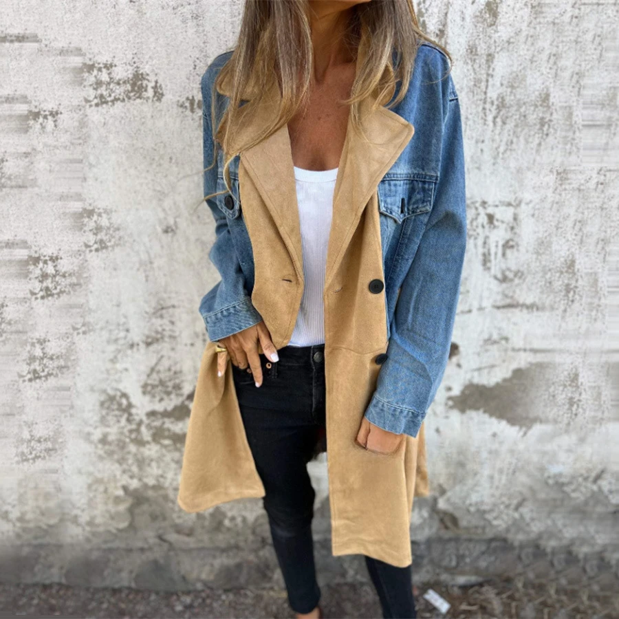 

Denim Jacket Women Vintage Long Coat Patchwork Double Breasted Full Sleeve Lapel Pockets Overcoat 2025 Office Lady Outerwear