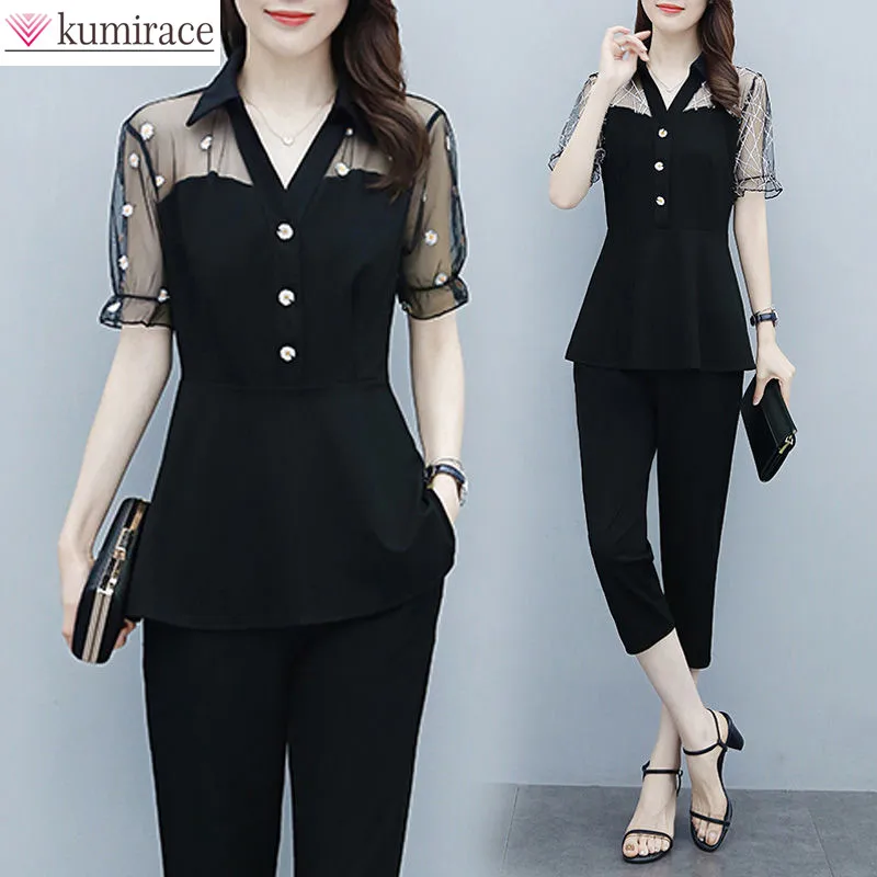 2022 Summer New Korean Fashion Hollowed Out Daisy Elegant Women\'s Suit Sexy Lace Chiffon Shirt Pants Two-piece Set Trouser Suits