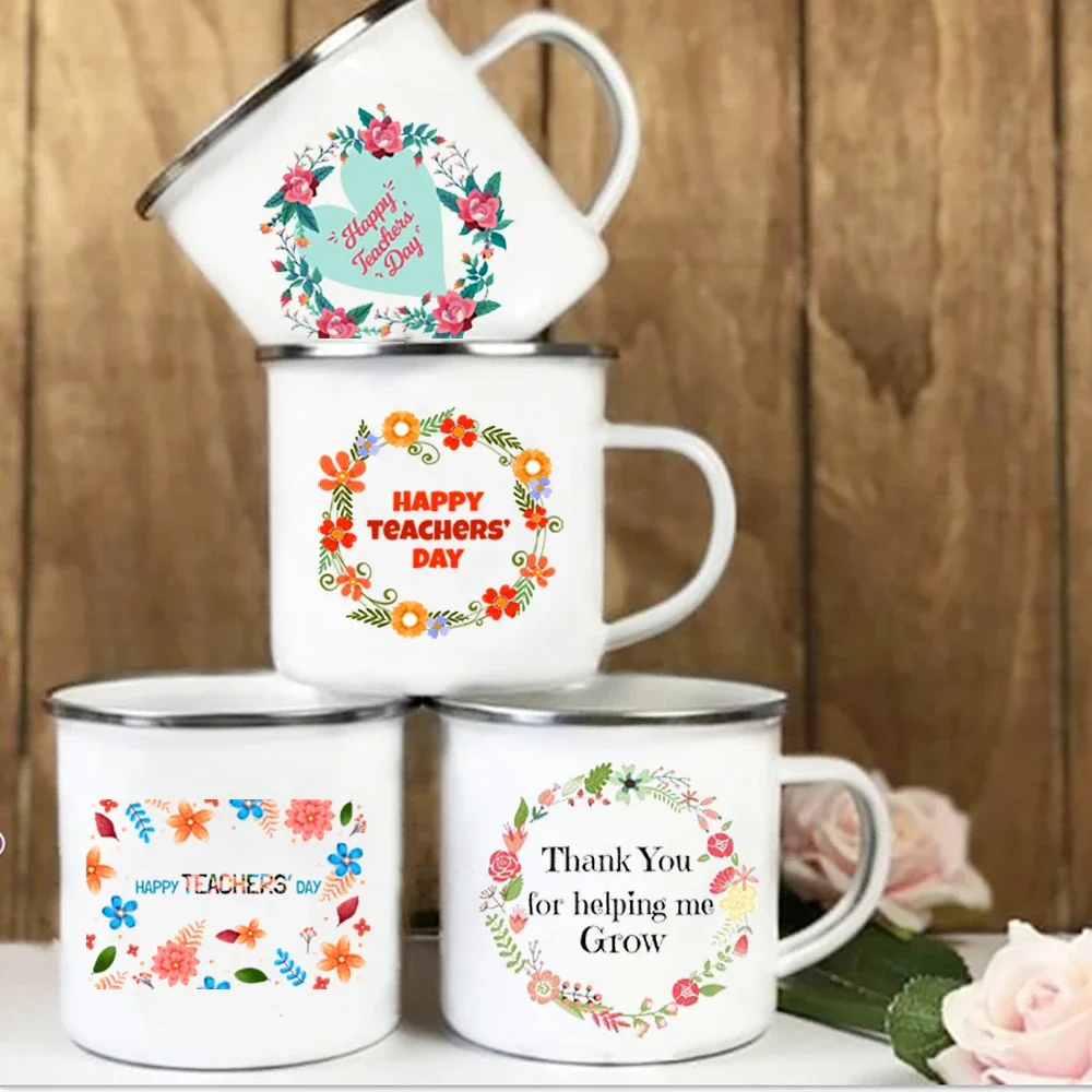 Enamel Cups of Coffee Happy Teachers Day Flower Print Coffee Cup Beer Mug Cute Unusual Mugs Cup for Tea Drinkware Personalized