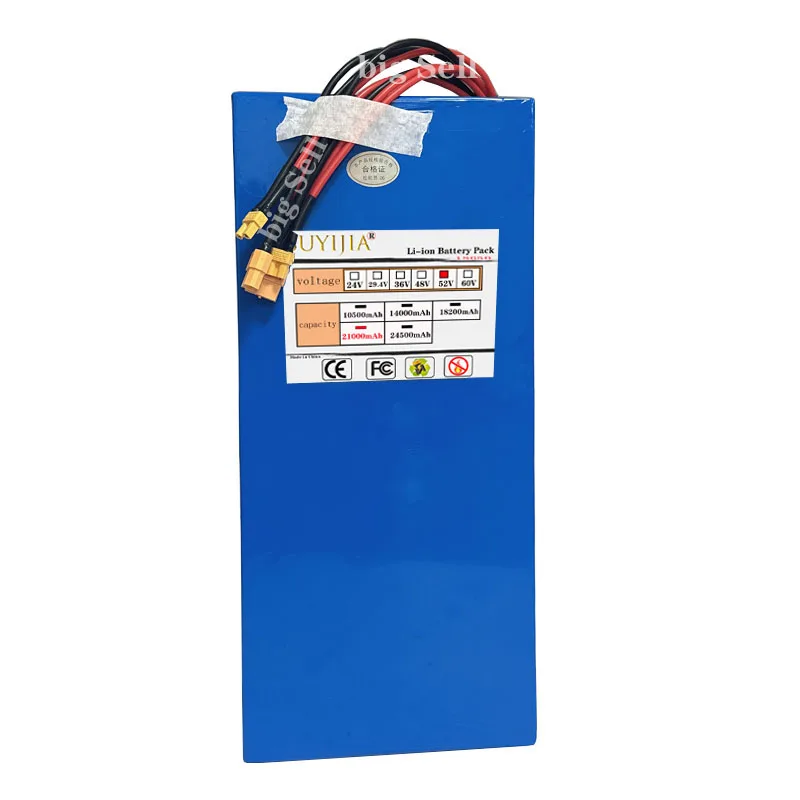 High Power Lithium-Ion Battery, Large Capacity, 18650 Pipeline, 2A and 5A Charger, 52V, 21Ah, 1500, 14S7P, 58.8V