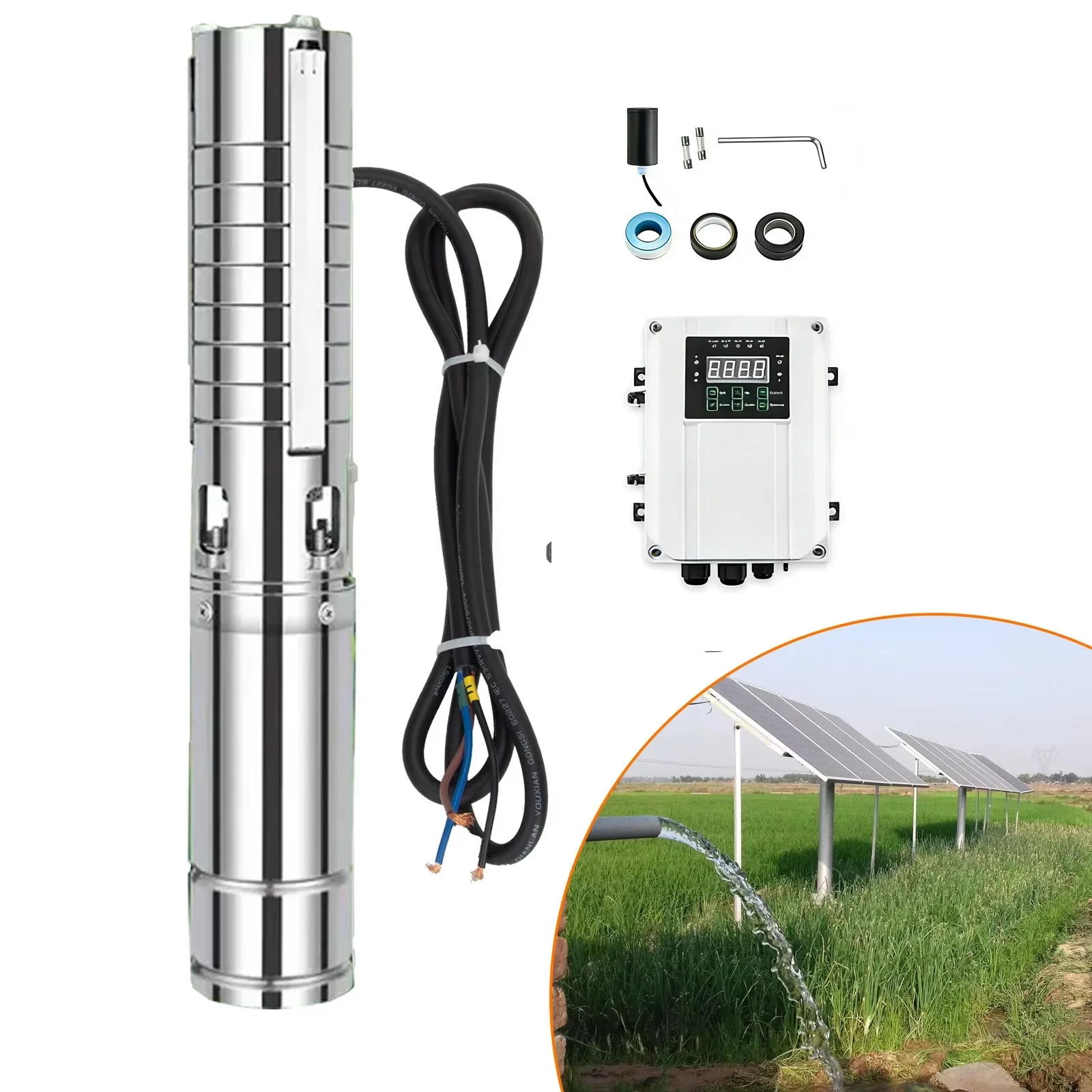 

Погружной насос для скважины на солнечной энергии постоянного тока 200 Вт, 400 Вт, 600 Вт для глубокой с контроллером MPPT, насос для скважины из 100% нержавеющей стали